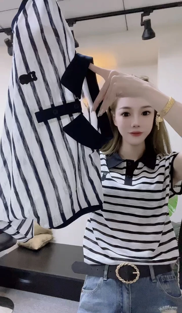 复古拼色条纹刺绣卡通坎肩针织T恤女夏季翻领宽松薄款时尚上衣