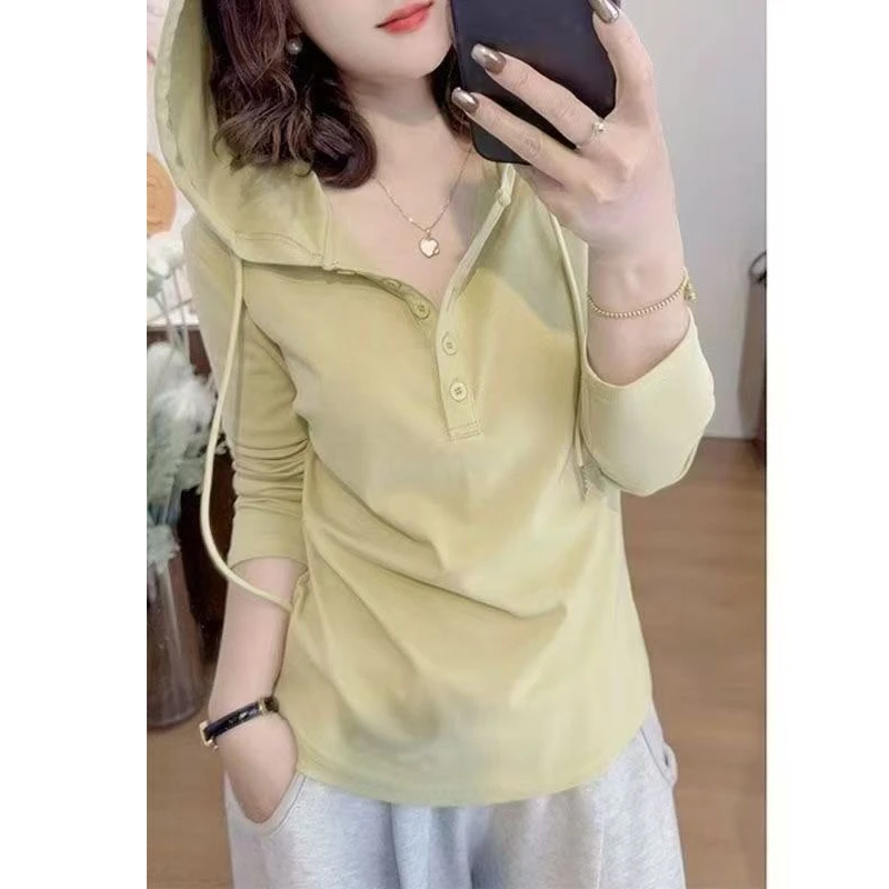 春秋新款纯色连帽薄款长袖T恤女秋冬季小众显瘦时尚打底衫上衣潮