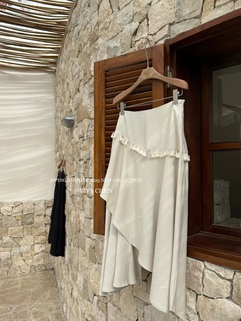 法式高腰不规则流苏荷叶边层次感半身裙时尚春款