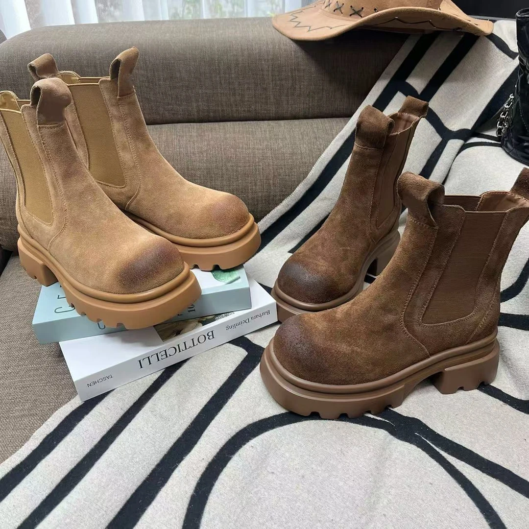 冬季新款时尚休闲气质百搭牛反绒真皮女士烟管靴 7802