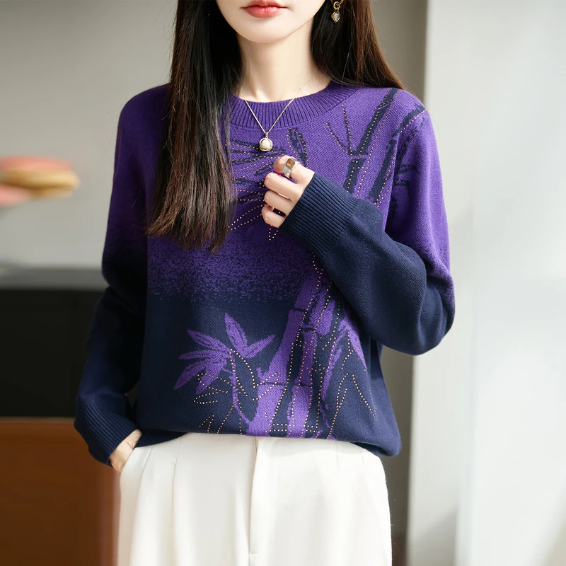 品牌女装正品秋冬新款时尚圆领提花女毛针织衫宽松时尚百搭毛衣