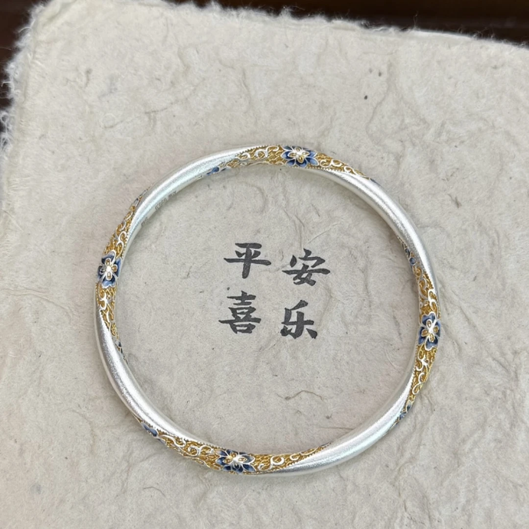 999.9【蓝桔梗】珐琅彩描金闭口足银手镯新中式国风