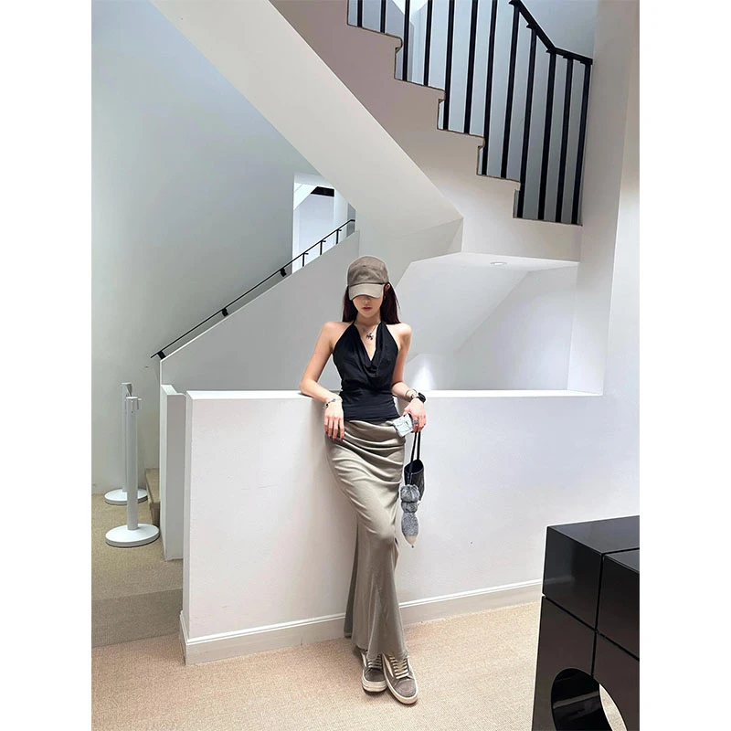 2025秋季新款修身显瘦简约百搭气质V领无袖上衣气质高腰半身裙女