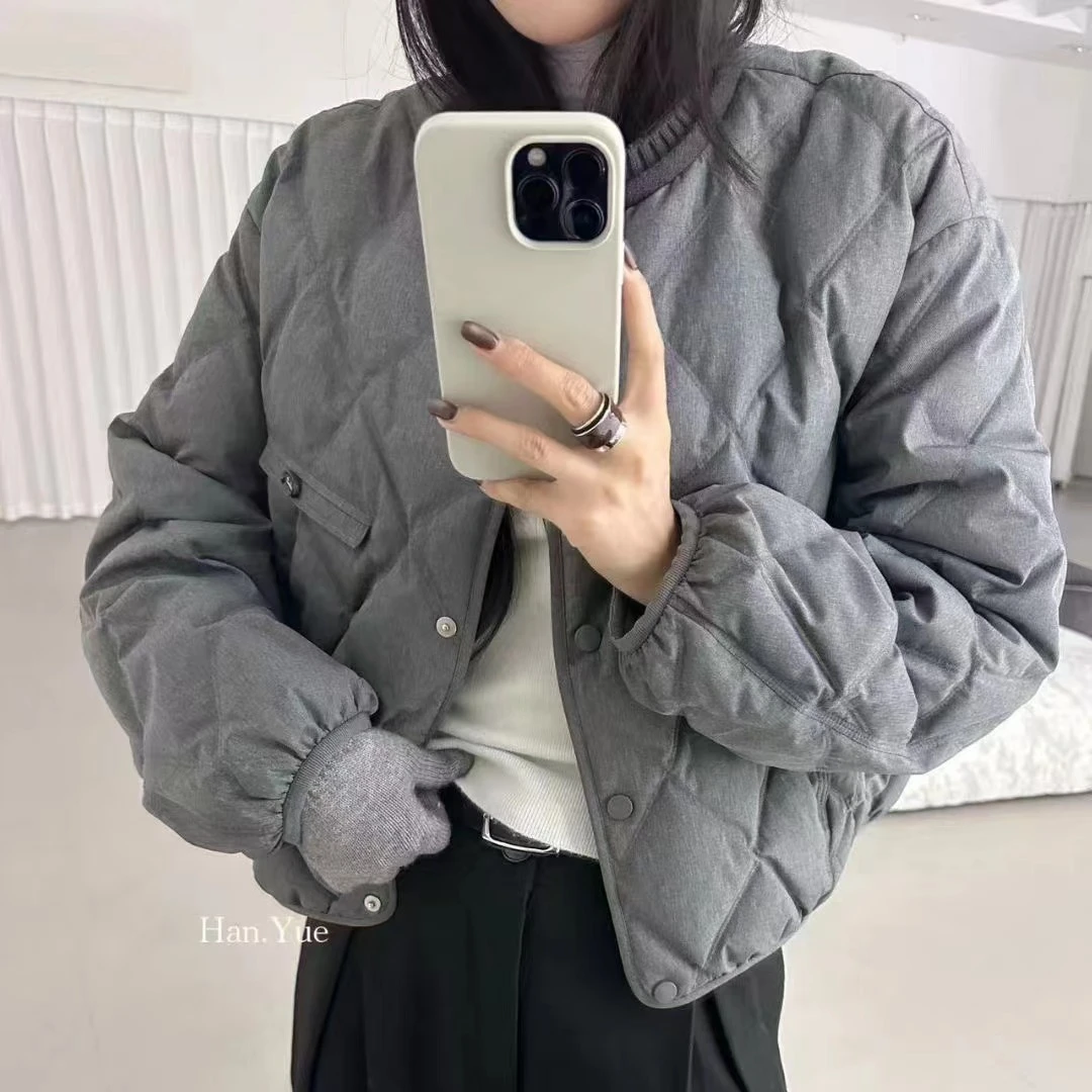 欧洲站2025新款冬季长袖圆领单排扣宽松百搭菱格时尚显瘦外套秋冬