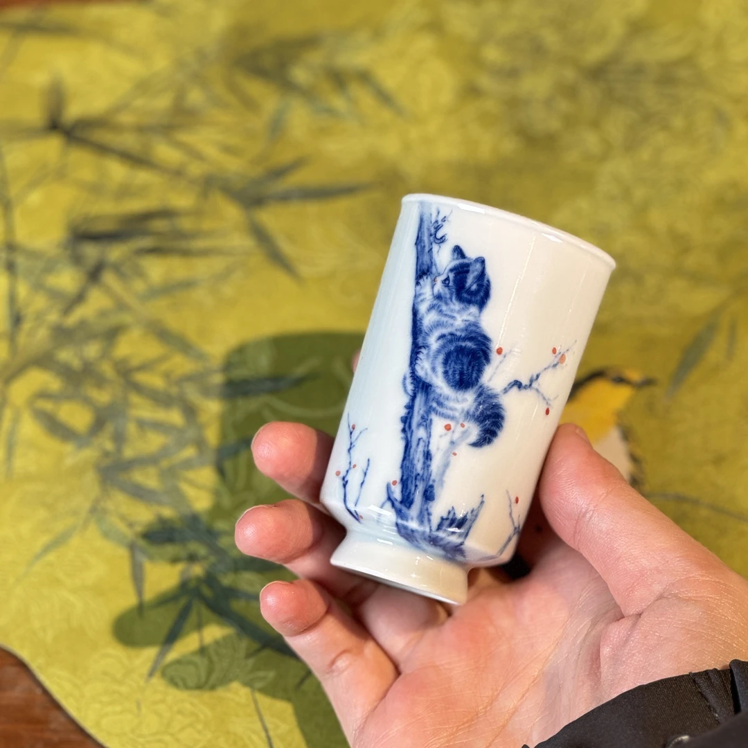 【慢生堂】青花小猫咪手绘茶杯 茶器 青花手绘茶具闻香杯手工