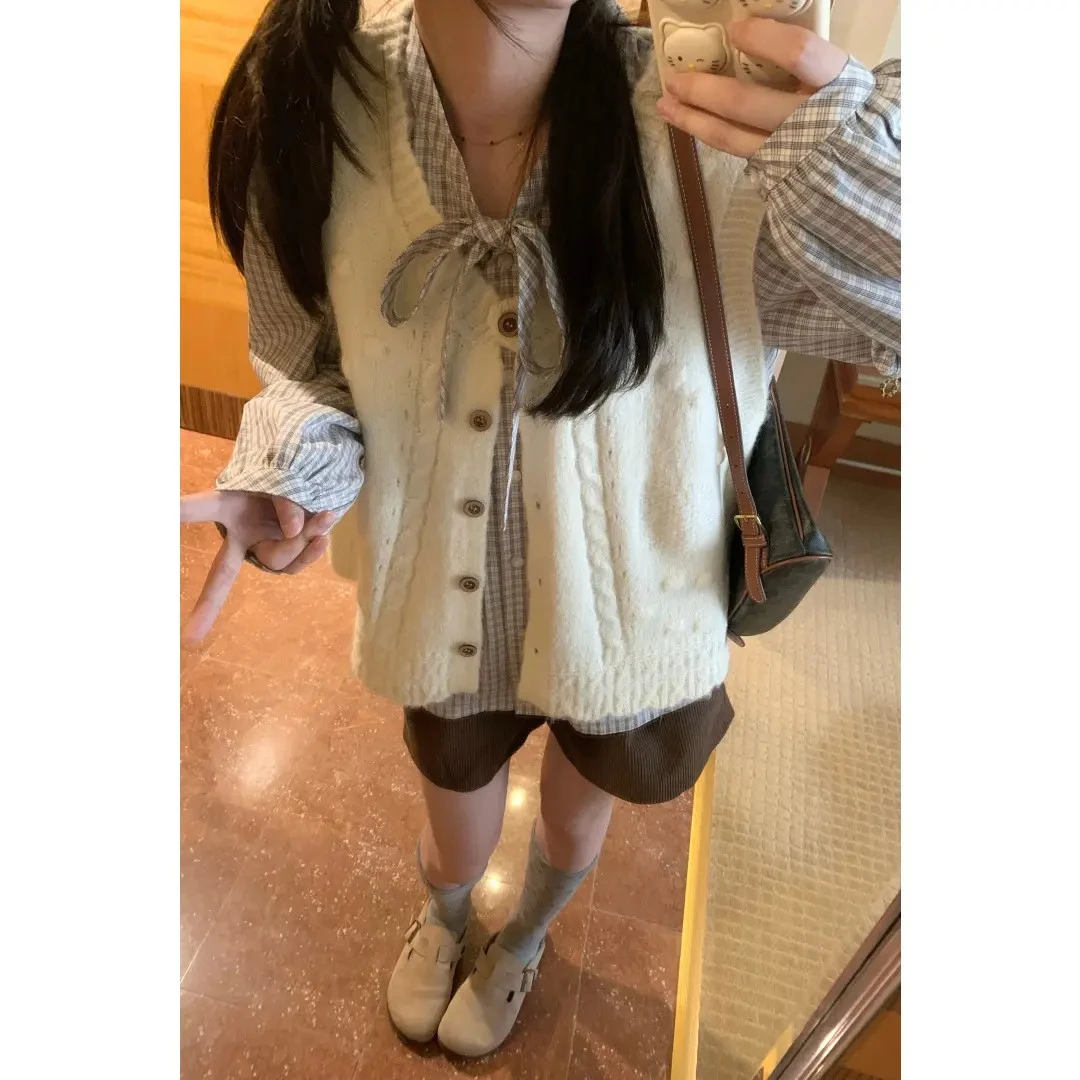 秋冬季胖mm可叠穿衬衫百搭针织马甲无袖上衣