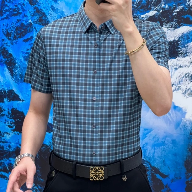 男士轻奢格子衬衫短袖商务休闲薄款透气抗皱衬衣夏季上衣