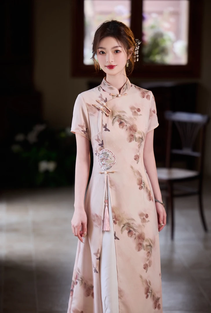 628 年轻款新中式改良奥黛《花粉》旗袍