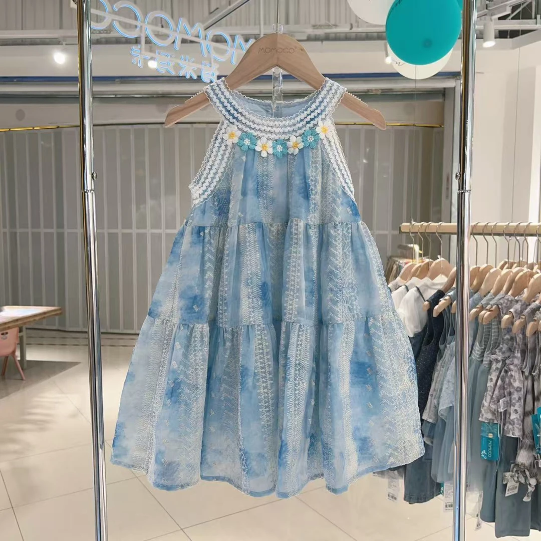 MOMOCO女童夏季女宝洋气满印花边无袖挂脖连衣裙77000006003