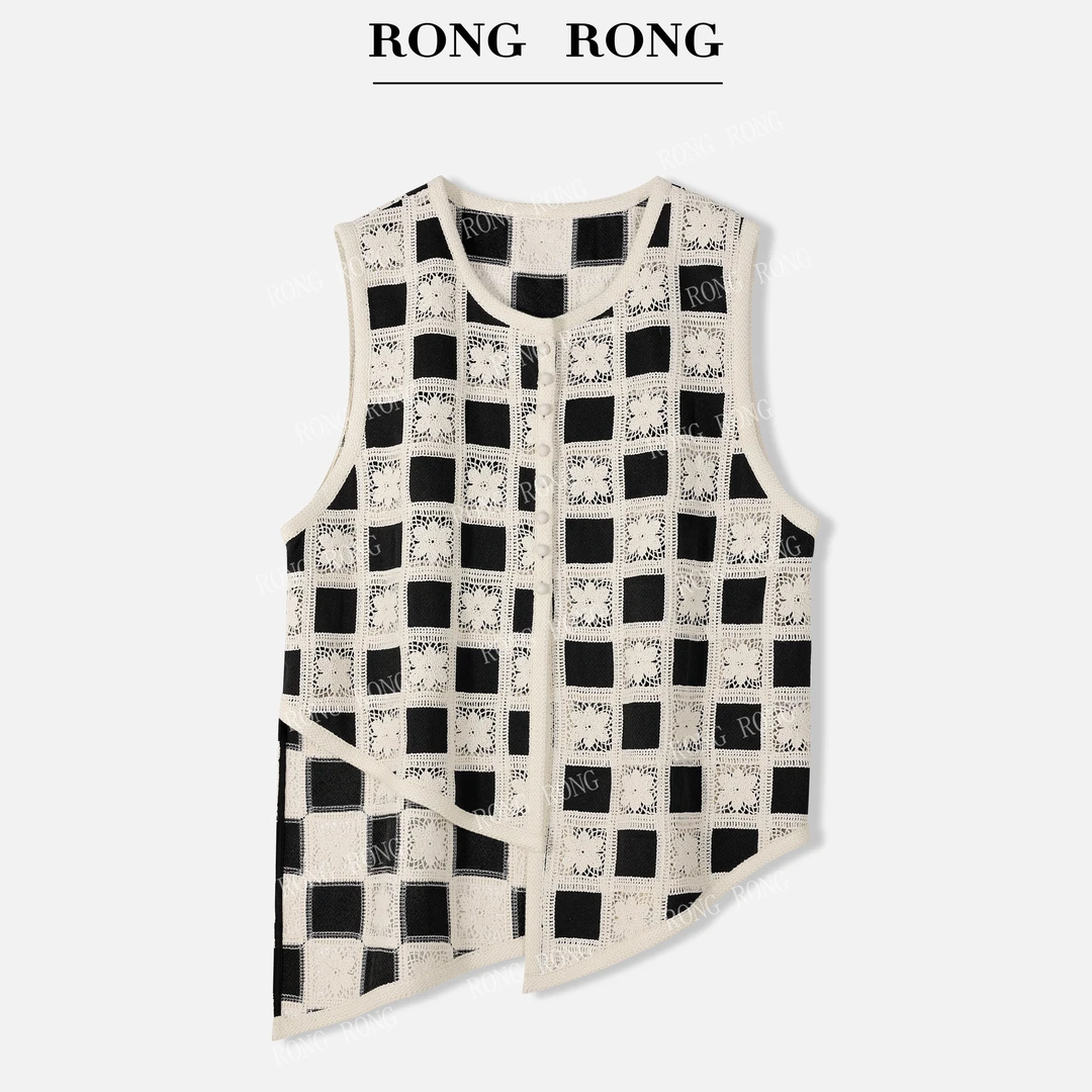 溶溶【织墨格调】RONGRONG 圆领撞色镂空钩花格子马夹C-A208262