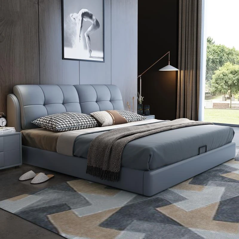 意式极简真皮床现代简约奶油风双人床主卧高端大气储物床软包齐边