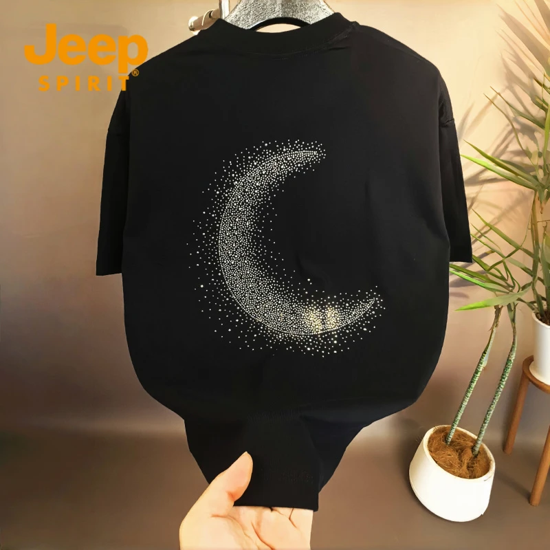 JEEPSPIRIT重工烫钻纯棉短袖T恤男士夏季潮流百搭宽松圆领半袖