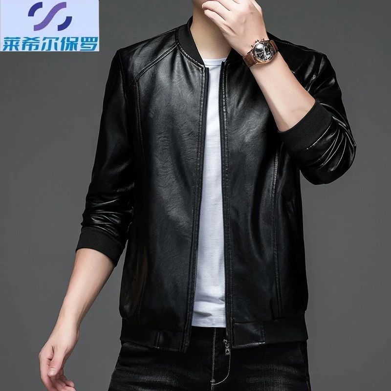 7050#男士棒球领皮衣男春秋外套新款中青年男士皮夹克薄款