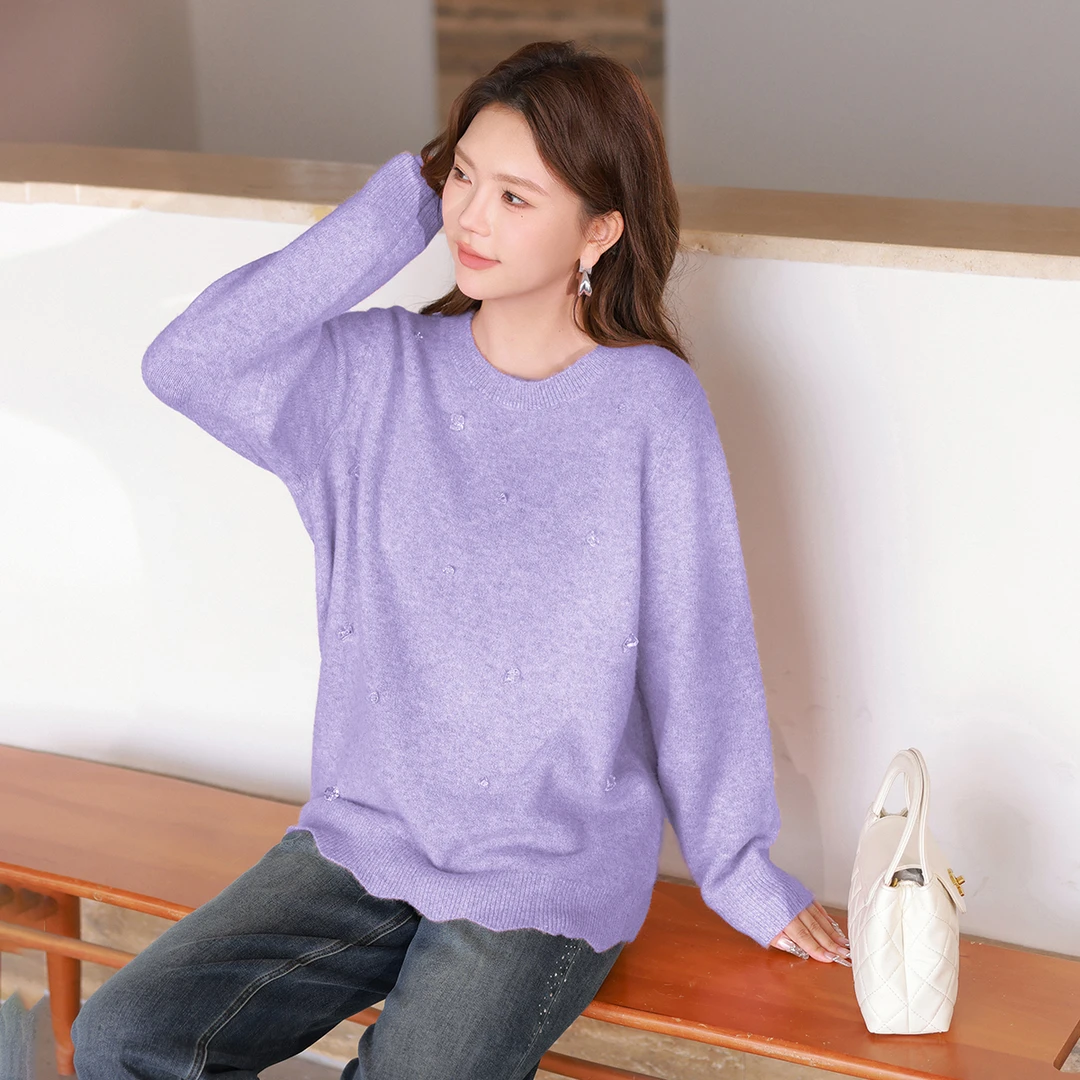 【羊毛混纺&立体钉珠】MsShe大码女装春装显瘦圆领毛衣E2410009