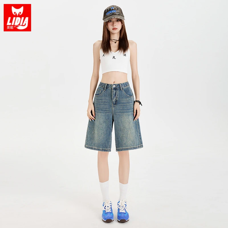 复古五分牛仔短裤女爆款2025夏季新款高腰宽松百搭显瘦阔腿中裤子