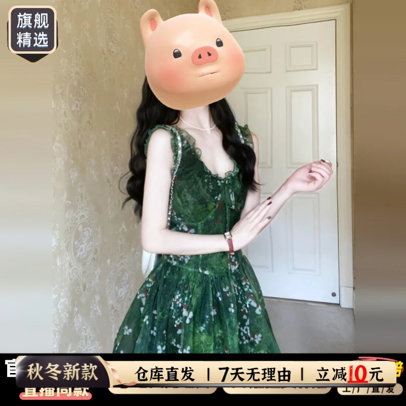 夏季2025新款小个子收腰花苞短裙法式绿色木耳边v领碎花连衣裙女