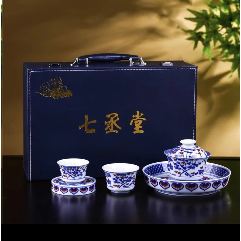 景德镇陶瓷青花高温釉下彩松竹梅盖碗壶承套组家用高级茶具礼盒装