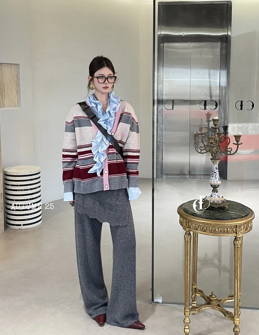 「YJXD」CD 2025SS |复古撞色条纹毛衣慵懒风宽松高级感针织外套