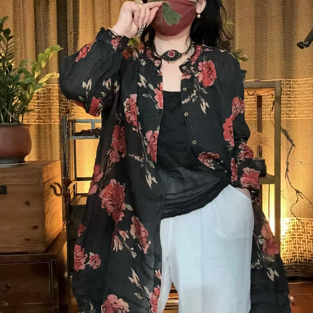 麻四--原创苎麻复古时尚百搭前后两穿花边领大开衫