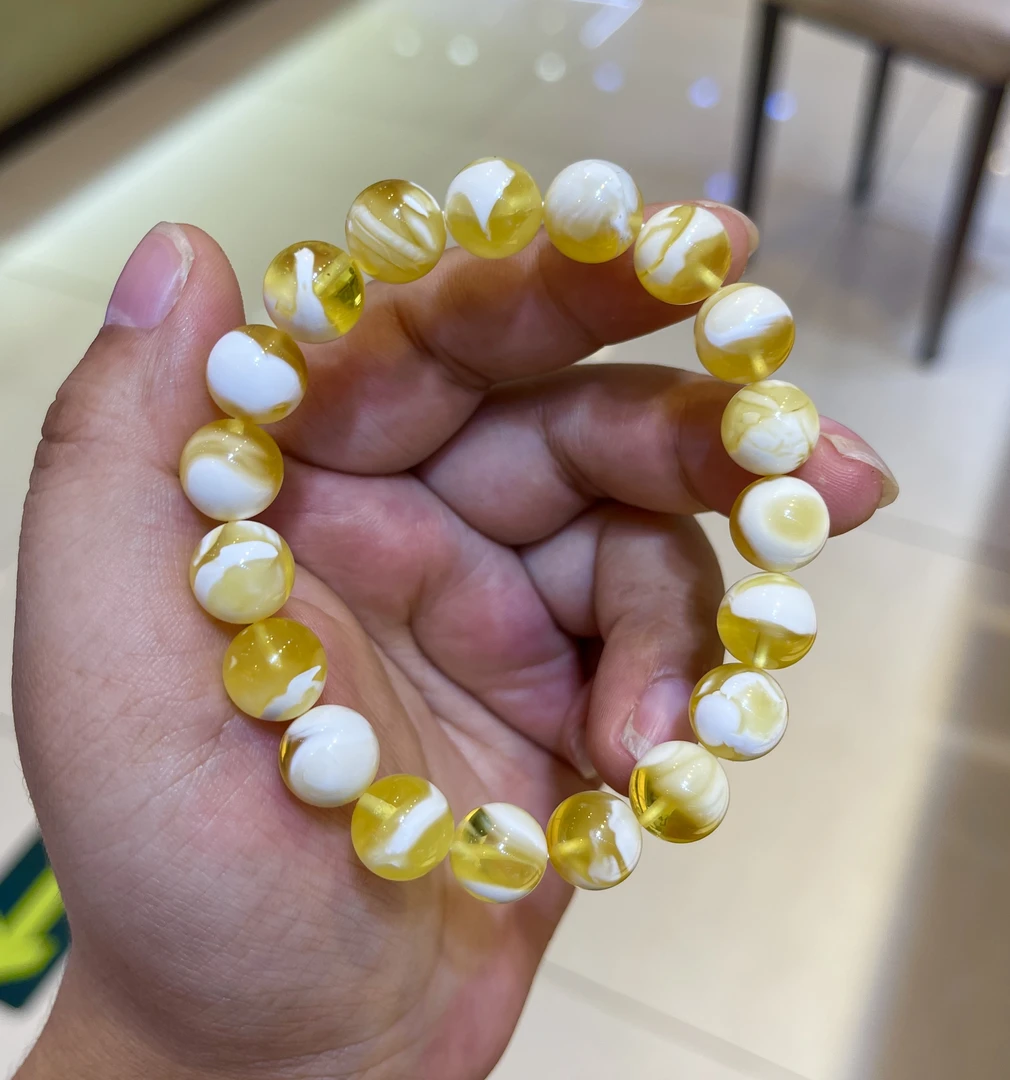 11mm金瓷白溶洞蜜蜡手串俄料女款气质轻奢时尚黄色珠珠老型单圈