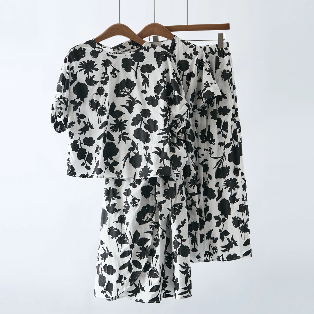 【YS11430】2025夏季新款60S长绒棉剪影印花上衣半裙连衣裙套装女