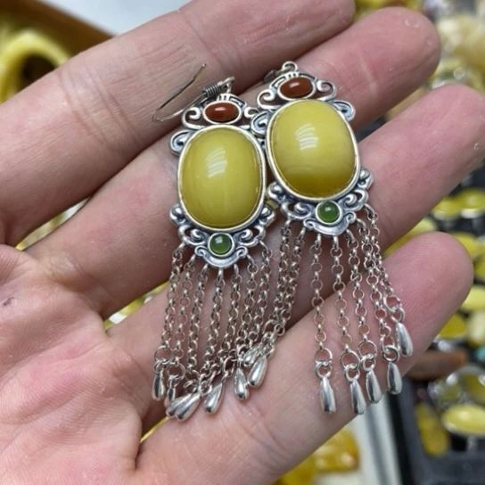 蜜蜡裸石银S925镶嵌耳坠