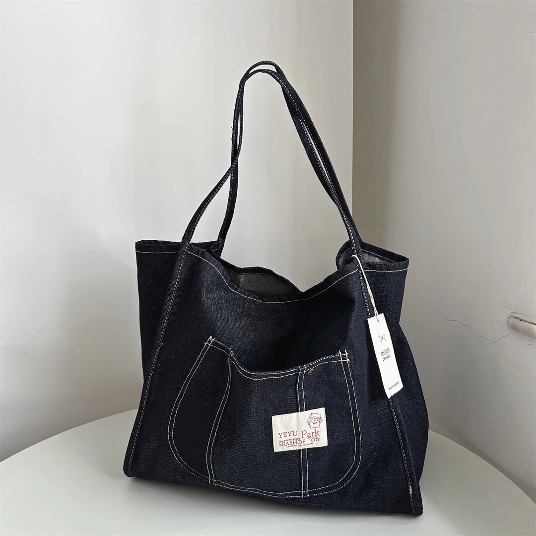 OK原创大容量慵懒风黑色单肩手提帆布牛仔包通勤韩版细背带大包包