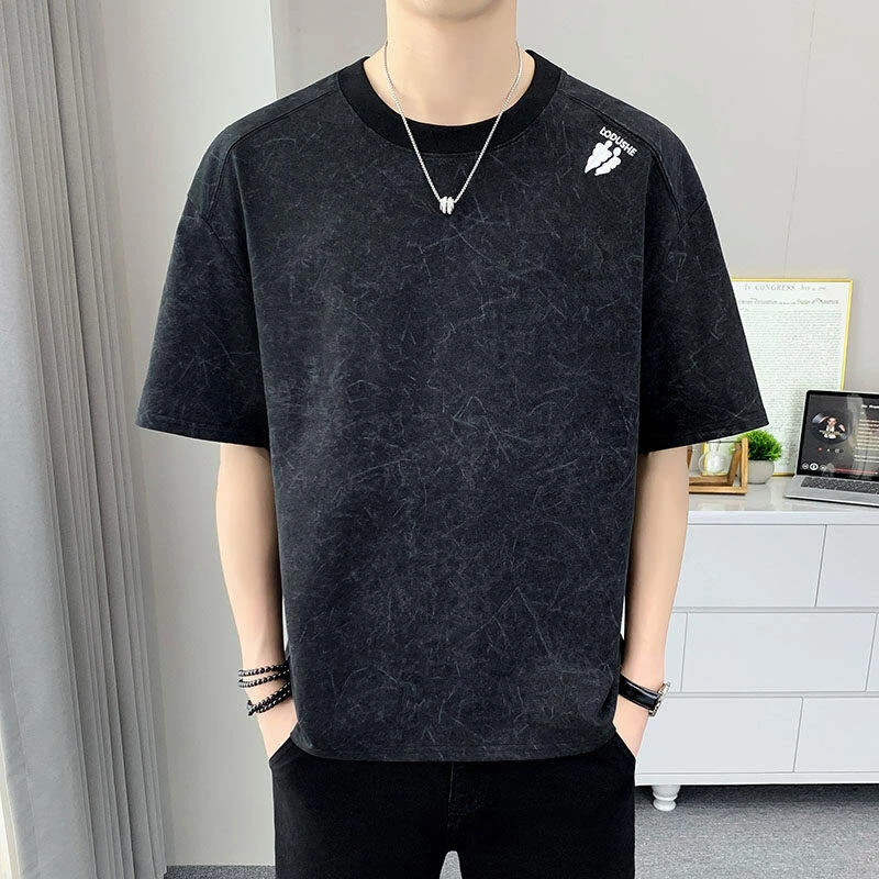 2025夏季短袖扎染工艺绣花纯棉百搭T恤男休闲半袖宽松潮流ins圆领