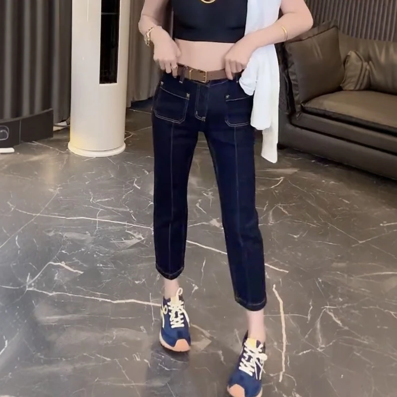 秋季新款设计感高腰显瘦直筒牛仔裤大码百搭弹力修身九分烟管裤女