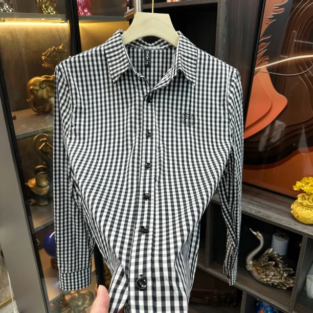 男士春秋长袖格子衬衫翻领时尚百搭休闲上衣新款舒适商务高级