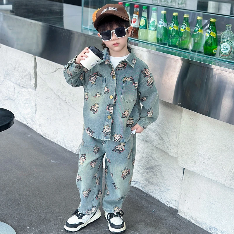 哪吒服装儿童春装2025新款炸街帅气男孩春秋时髦衣服男童牛仔套装
