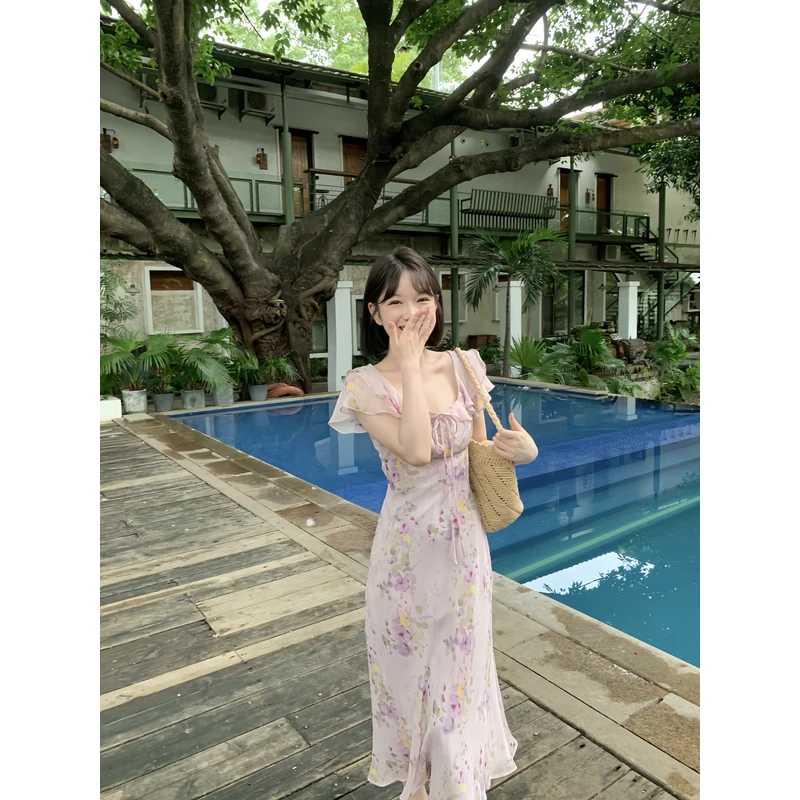 板栗西西【紫雾葡萄】法式碎花甜美夏时尚短袖长裙方领显瘦连衣裙