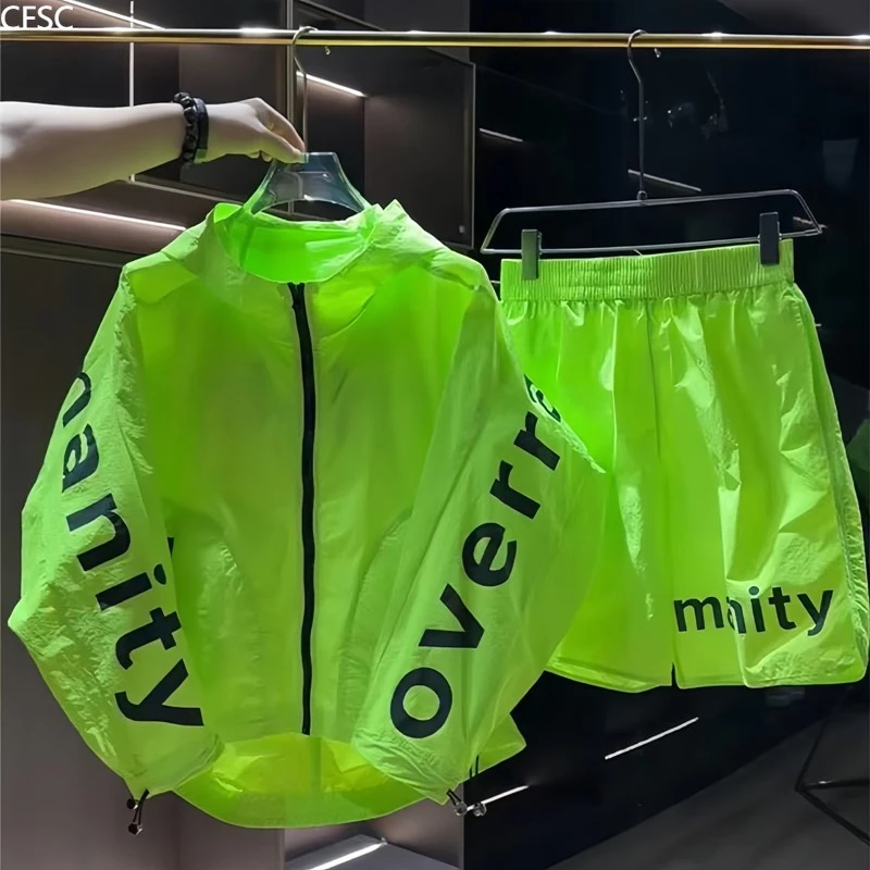 夏季新款男士潮流时尚蝙蝠袖防晒套装字母印花外套透气短裤两件套