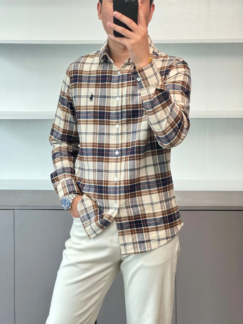早秋纯棉（拉夫家）修身抗皱免烫弹力休闲格子刺绣时尚百搭长袖衬衫