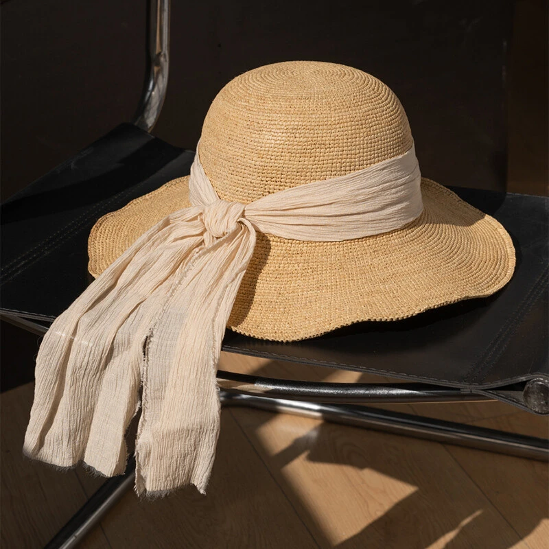 疯帽子 天然拉菲草宽檐草帽 出游海边度假遮阳防晒渔夫帽子新25夏