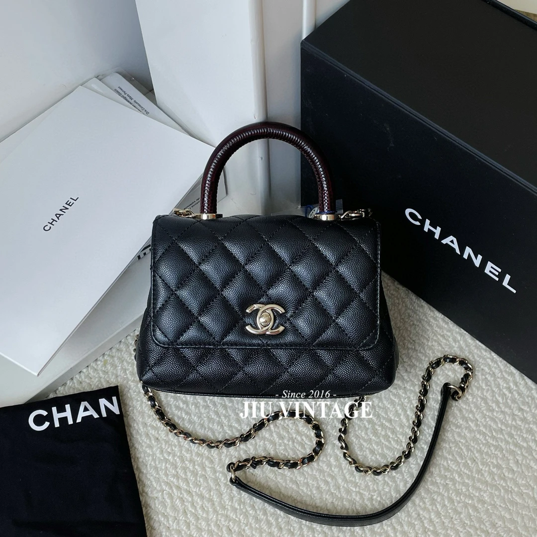 99新 Chanel/香奈儿 coco handle mini芯片黑金盒子尘袋JM11-0827