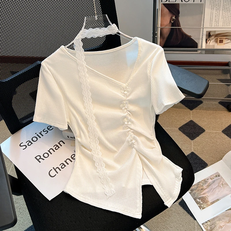法式不规则褶皱别致上衣女2025年夏季新款修身内搭打底衫短袖T恤