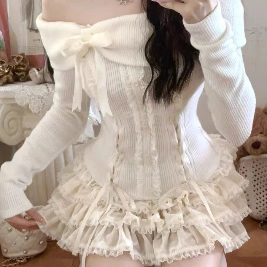 春夏季2025新款纯欲辣妹开衫蝴蝶结吊带长袖显瘦白色上衣蛋糕套装