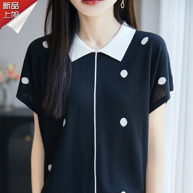 品牌设计师款夏季舒适透气波点短袖针织衫女装2025新款洋气显瘦