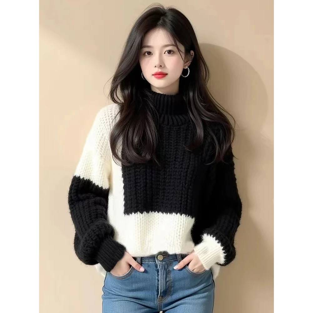 黑白撞色不规则粗线毛衣女2025新款冬季独特超好看高级感针织上衣