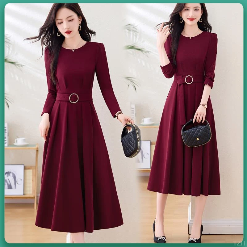 安哥拉红长袖翻领连衣裙女春秋早秋高级感收腰气质显瘦新款打底裙
