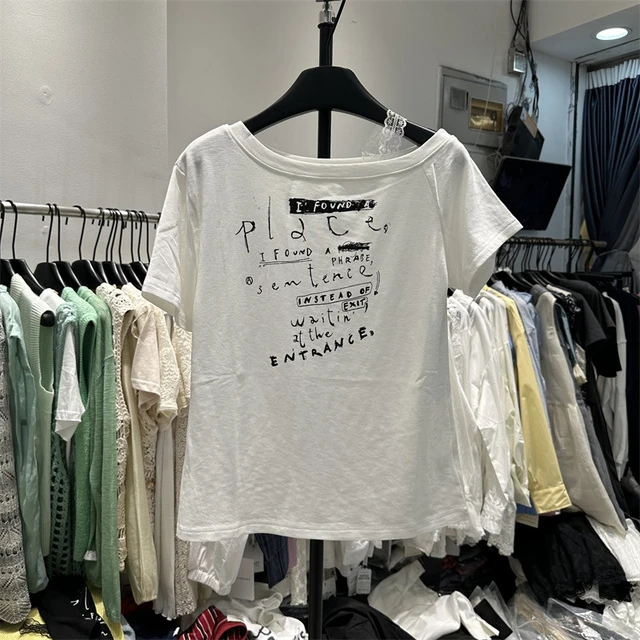 韩系夏蕾丝花边一字领露肩字母印花短袖T恤女减龄假两件斜领上衣