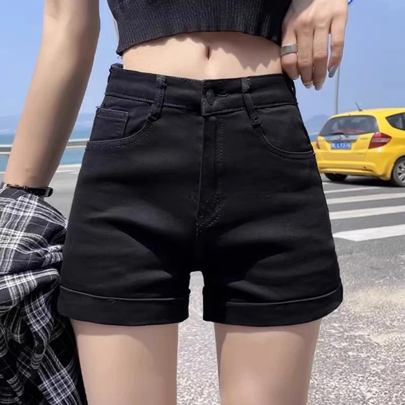 雪千羽黑色美式辣妹牛仔短裤女夏2025新款小个子高腰紧身a字热裤