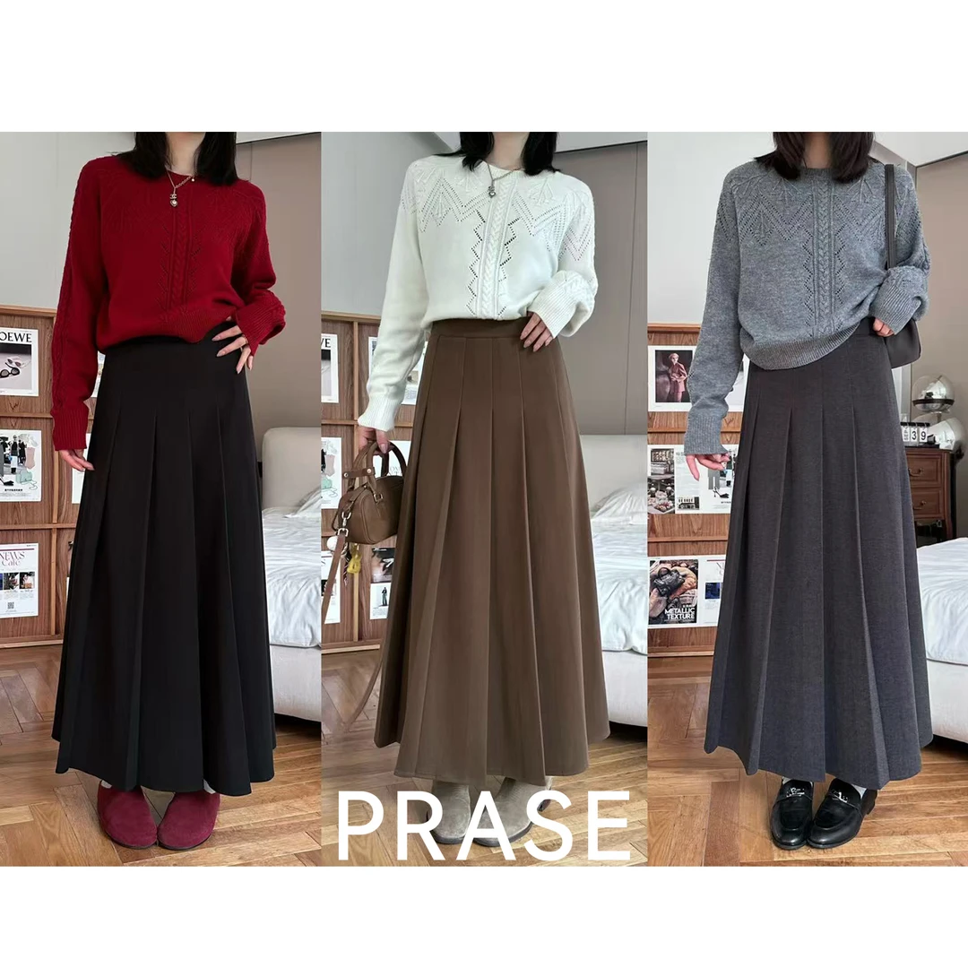 PRASE·噜【乌托邦半裙】微胖显瘦高腰气质压褶毛呢半身裙PR510E21