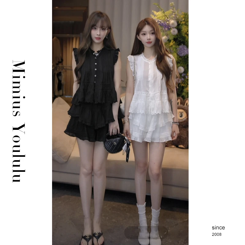 【mimius】P 精致甜美慵懒荷叶边小飞袖上衣+短裤（松紧腰）G07018