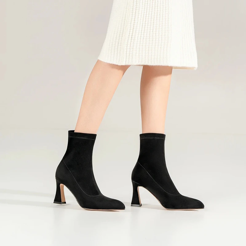 欧美风高跟弹力靴袜靴针织瘦瘦靴气质裸靴黑色尖头