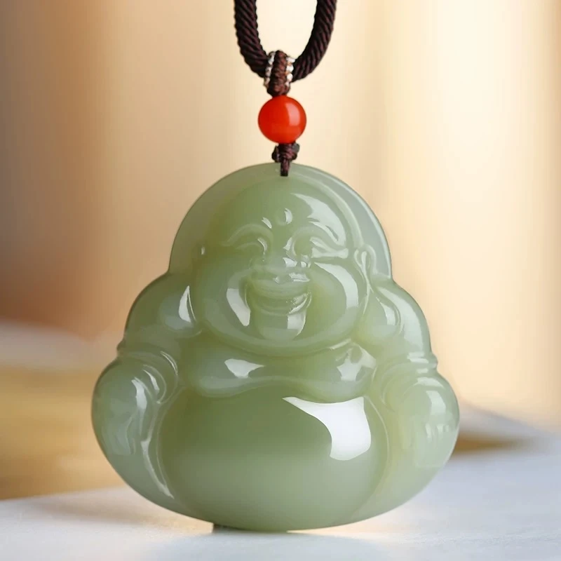天然和田玉吊坠女玉佛玉坠弥勒佛玉石项链佛公笑脸佛毛衣链