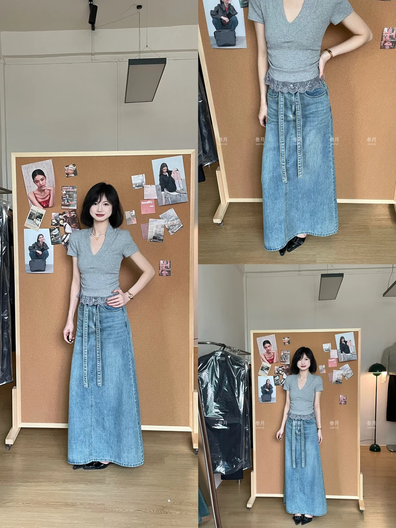 SANYUE【天空蓝】弹力A版牛仔腰带半身裙长裙显瘦