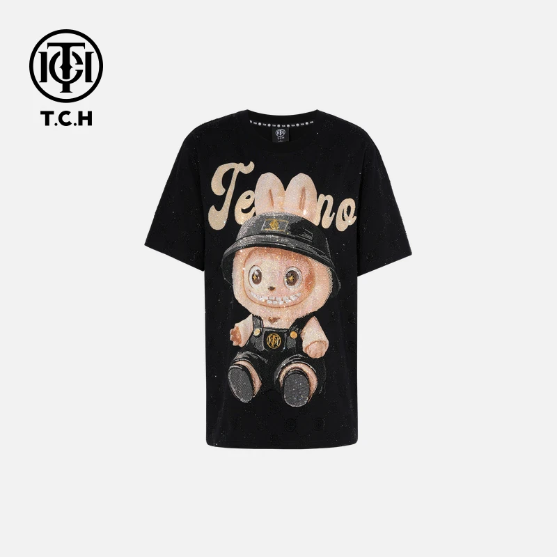 TCH烫钻工艺时尚百搭休闲设计感黑色T恤女T75C10E9043轻奢tch