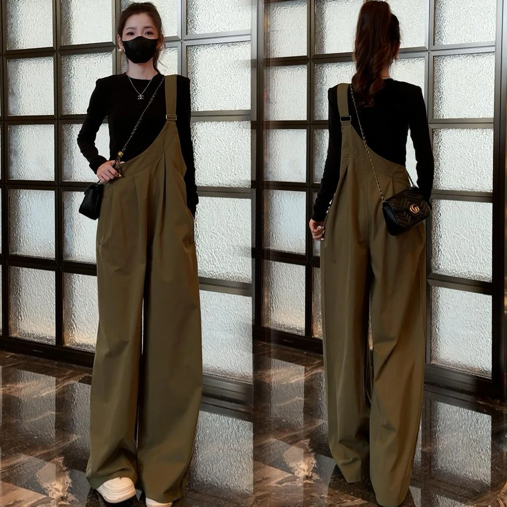 拉夏贝尔时尚套装女2025秋季新款T恤衫设计感背带阔腿裤两件套潮